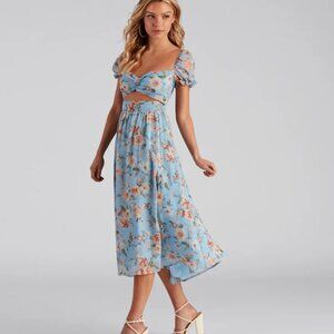 Floral Baby Blue Midi Dress With Front Cut-Out